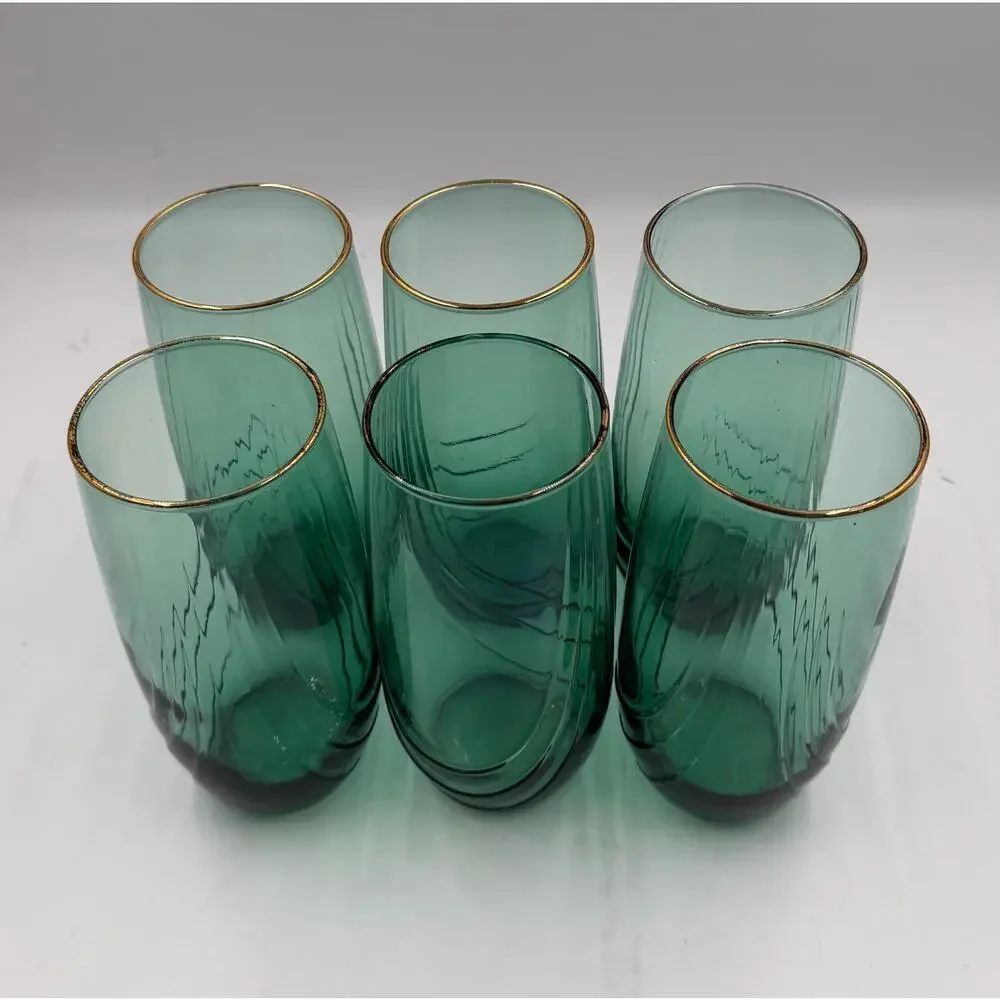 6 Vtg Libbey Crystal Green Highball Iced Tea Glasses Tumblers Drape Retired 12oz